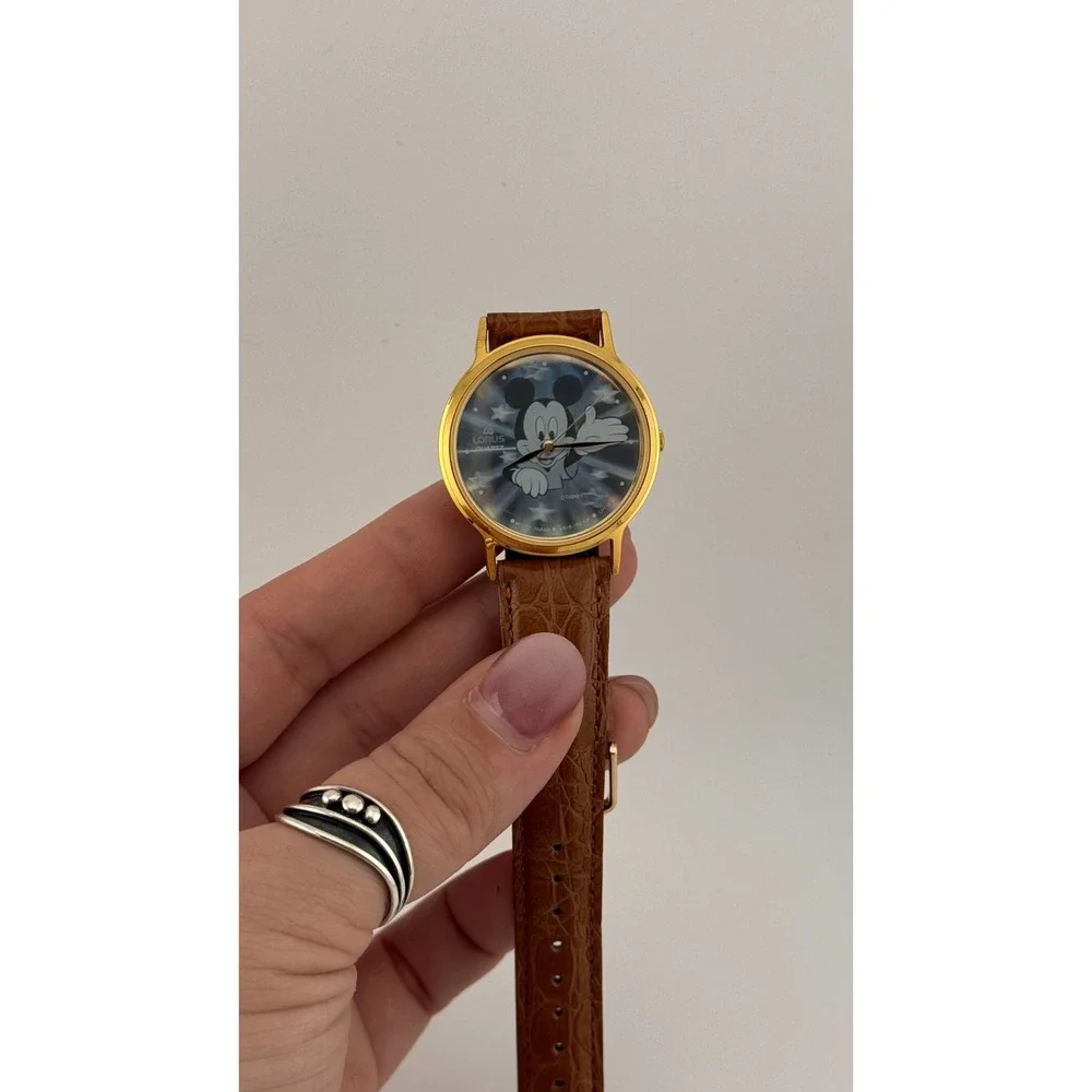 Vintage Mickey Mouse Watch Gold Tone‎ Lorus Seiko Quartz Disney Holograph